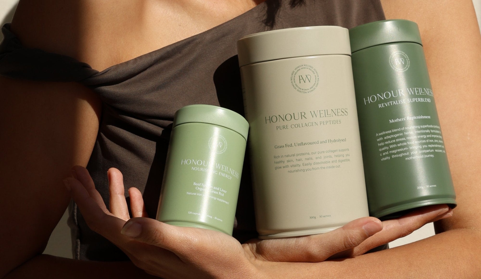 Sara holding nourishing energy, pure collagen and mothers replenishment