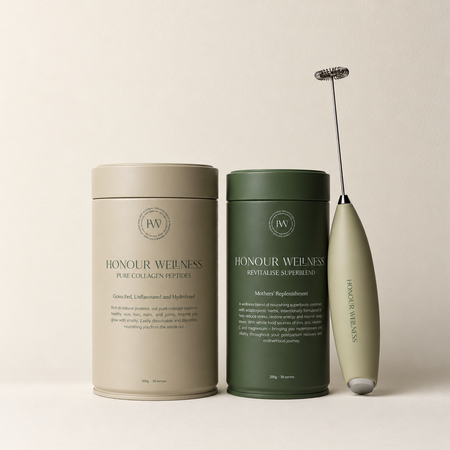 Honour Wellness Postpartum Nourishment Bundle with Mothers Replenishment, Pure Collagen Peptides and the Superblend Blender