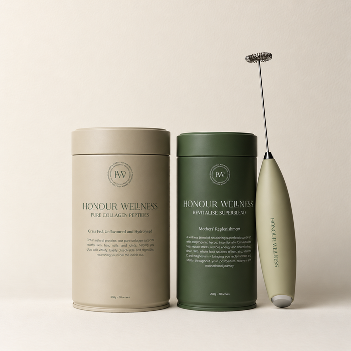 Honour Wellness Postpartum Nourishment Bundle with Mothers Replenishment, Pure Collagen Peptides and the Superblend Blender
